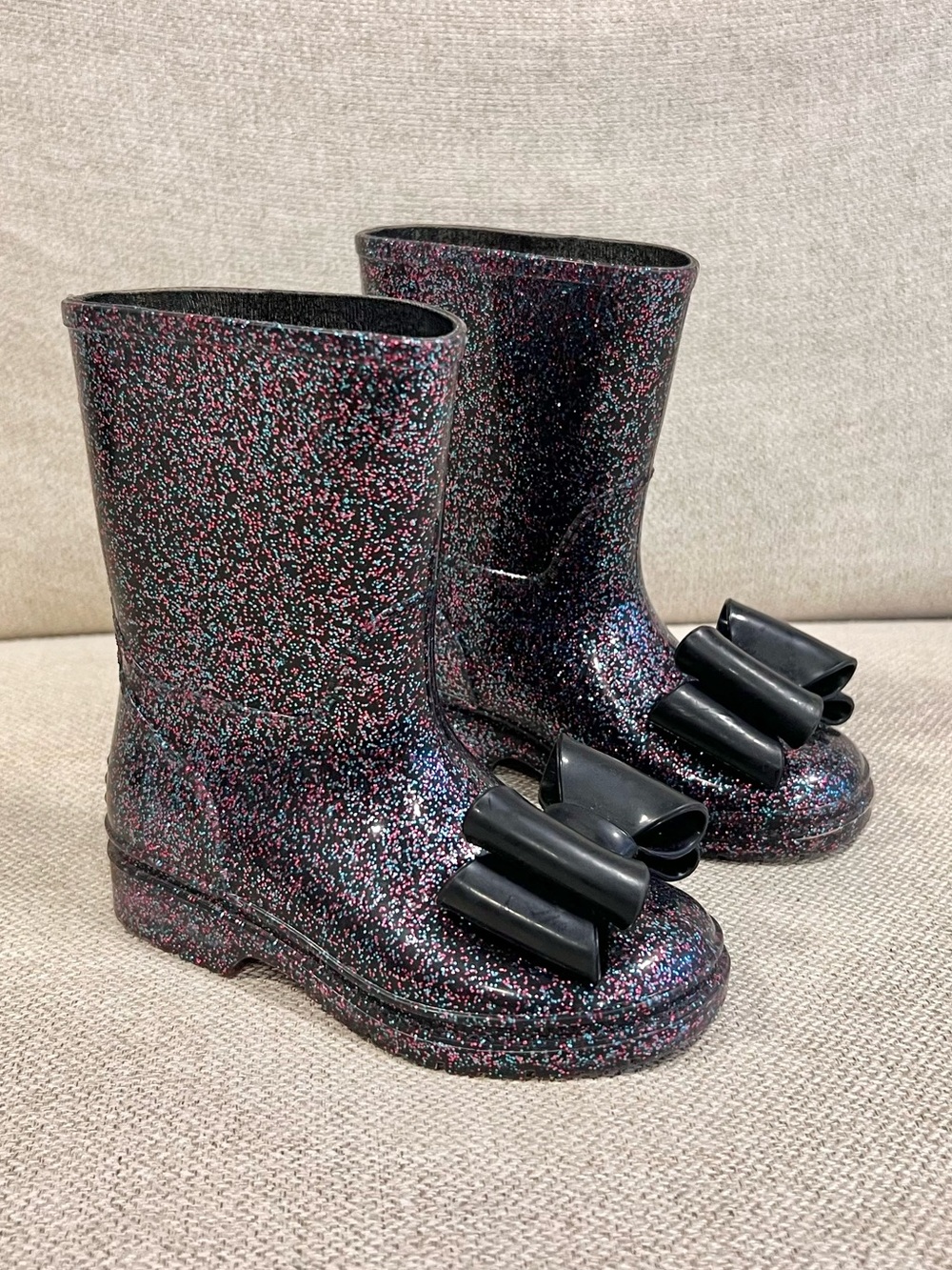 Jelly Beans Size 9 Toddler Girls Black Glitter Bow Rain Boots Rubber Waterproof